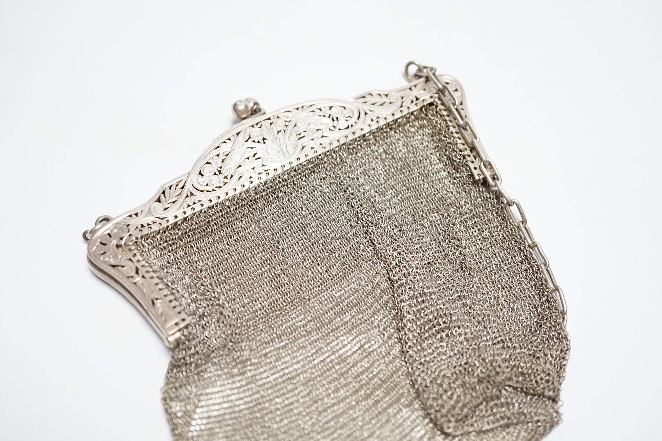 An early 20th century French silver mesh evening bag, import marks for Robert Cawley, Chester, 1911.